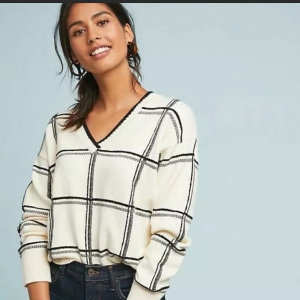 Anthropologie Moth Windowpane V Neck Sweater XS